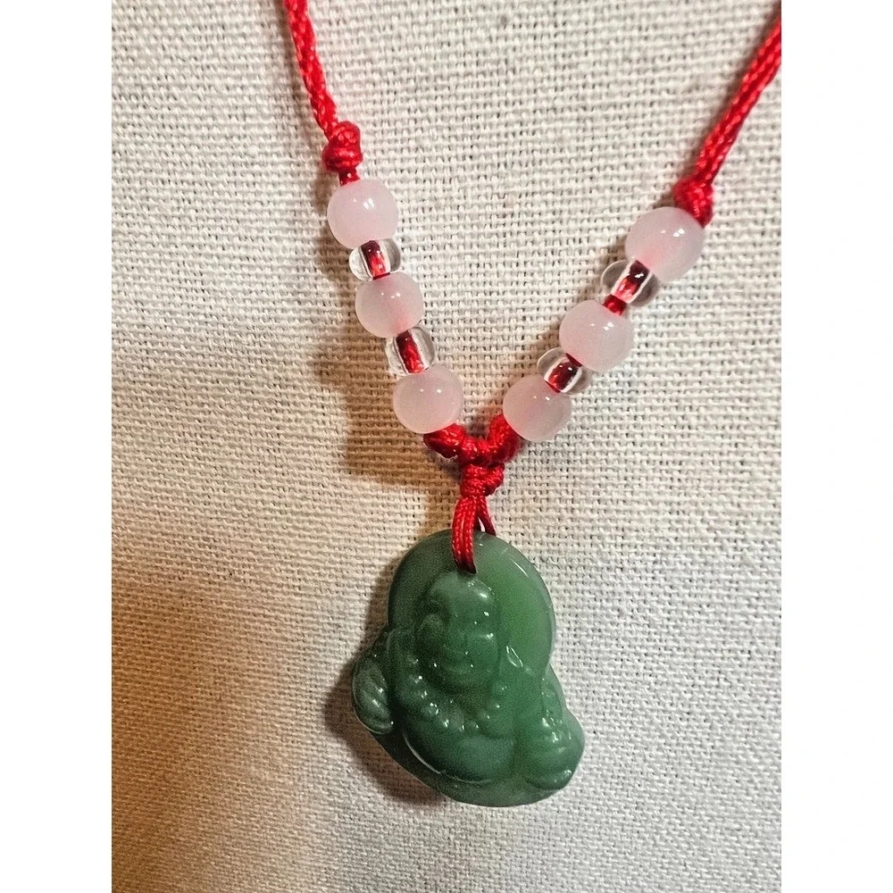 Green Buddha Pendant Necklace Red Cord Meditation Spiritual Jewelry Carved Adjst